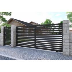 Portail coulissant Nauru avec barreaux horizontaux de 80 mm avec portillon assorti, RAL bleu 2600