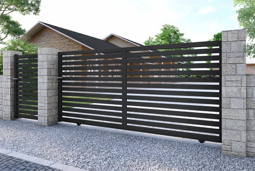 Portail coulissant Nauru avec barreaux horizontaux de 80 mm avec portillon assorti, RAL bleu 2600