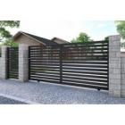 Portail coulissant Nauru avec barreaux horizontaux de 80 mm avec portillon assorti, RAL bleu 2600
