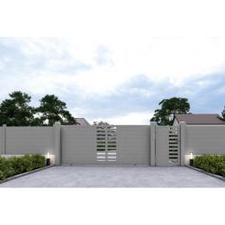 Portail coulissant Makira lames horizontales de 160 mm et barreaux horizontaux de 80 mm, RAL 9006 aluminium blanc