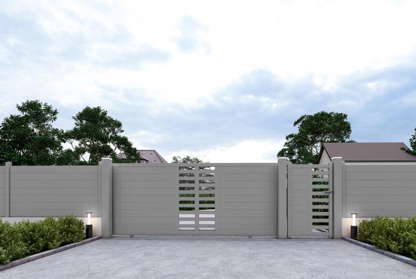 Portail coulissant Makira lames horizontales de 160 mm et barreaux horizontaux de 80 mm, RAL 9006 aluminium blanc