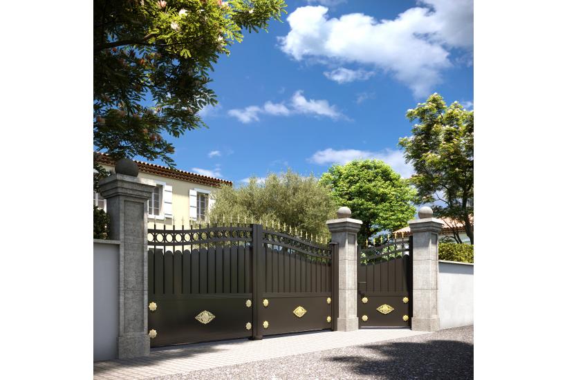 Portail battant Albinoni avec des barreaux de 20 mm de diamètre et une tôle de 3 mm d'épaisseur