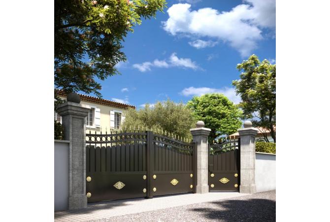 Portail battant Albinoni avec des barreaux de 20 mm de diamètre et une tôle de 3 mm d'épaisseur