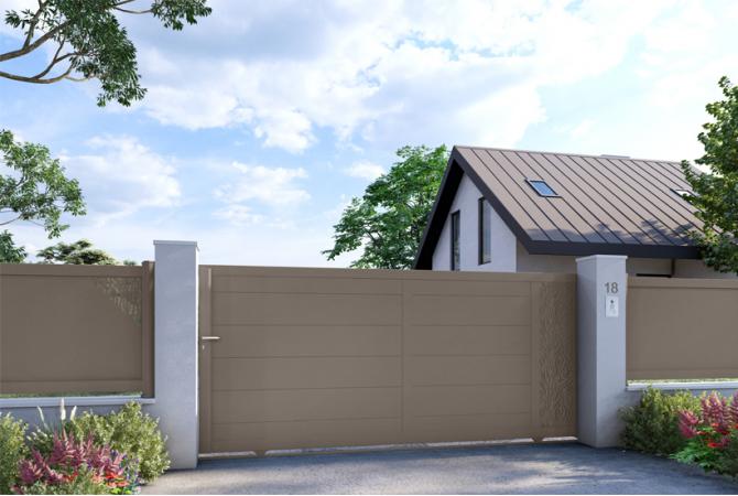 Portail coulissant Auriges avec lames de 280 mm horizontales, RAL 7006