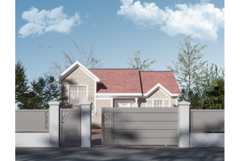 Portail coulissant Topaze avec tôle découpée motif Fragment RAL Gris 2900 Sablé