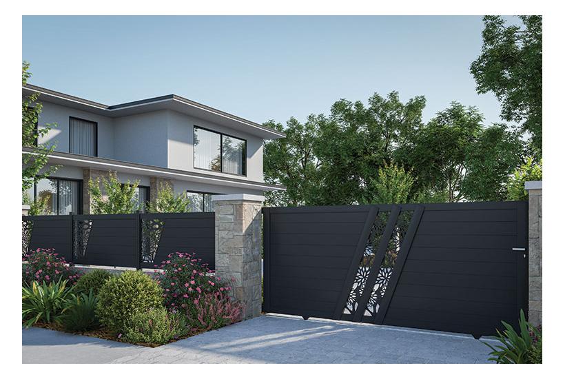 Coulissant Mauka - clôture fenêtre tôlée biais - motif Lotus - noir 2200