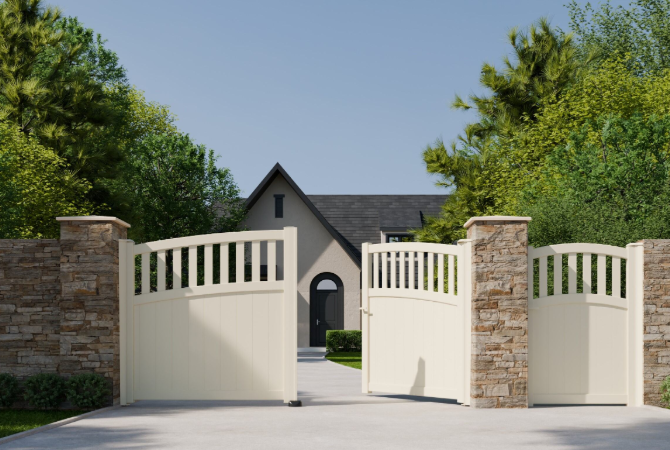 •	Ambiance 3D - 2 vantaux et portillon Levant - forme E - Ivoire clair RAL 1015